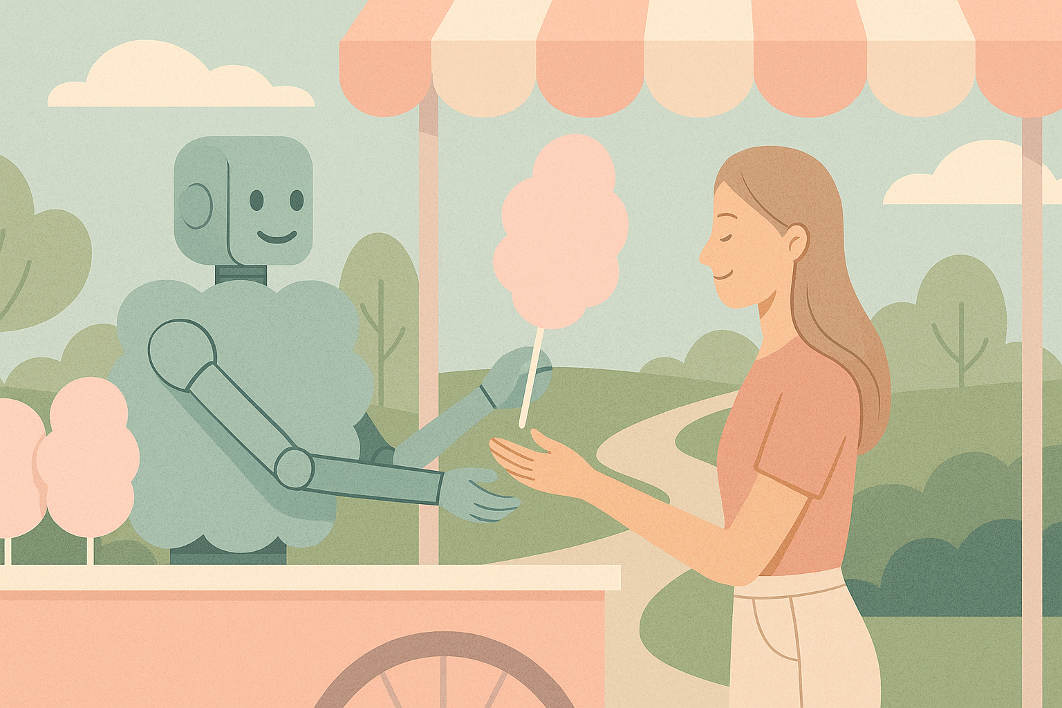 A robot offers a girl cotton candy