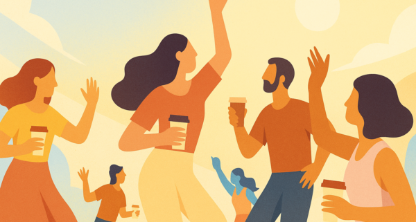 Men and women dancing with coffee cups in hand
