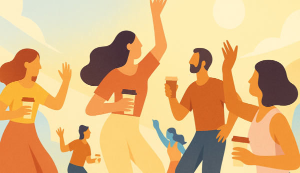 Men and women dancing with coffee cups in hand