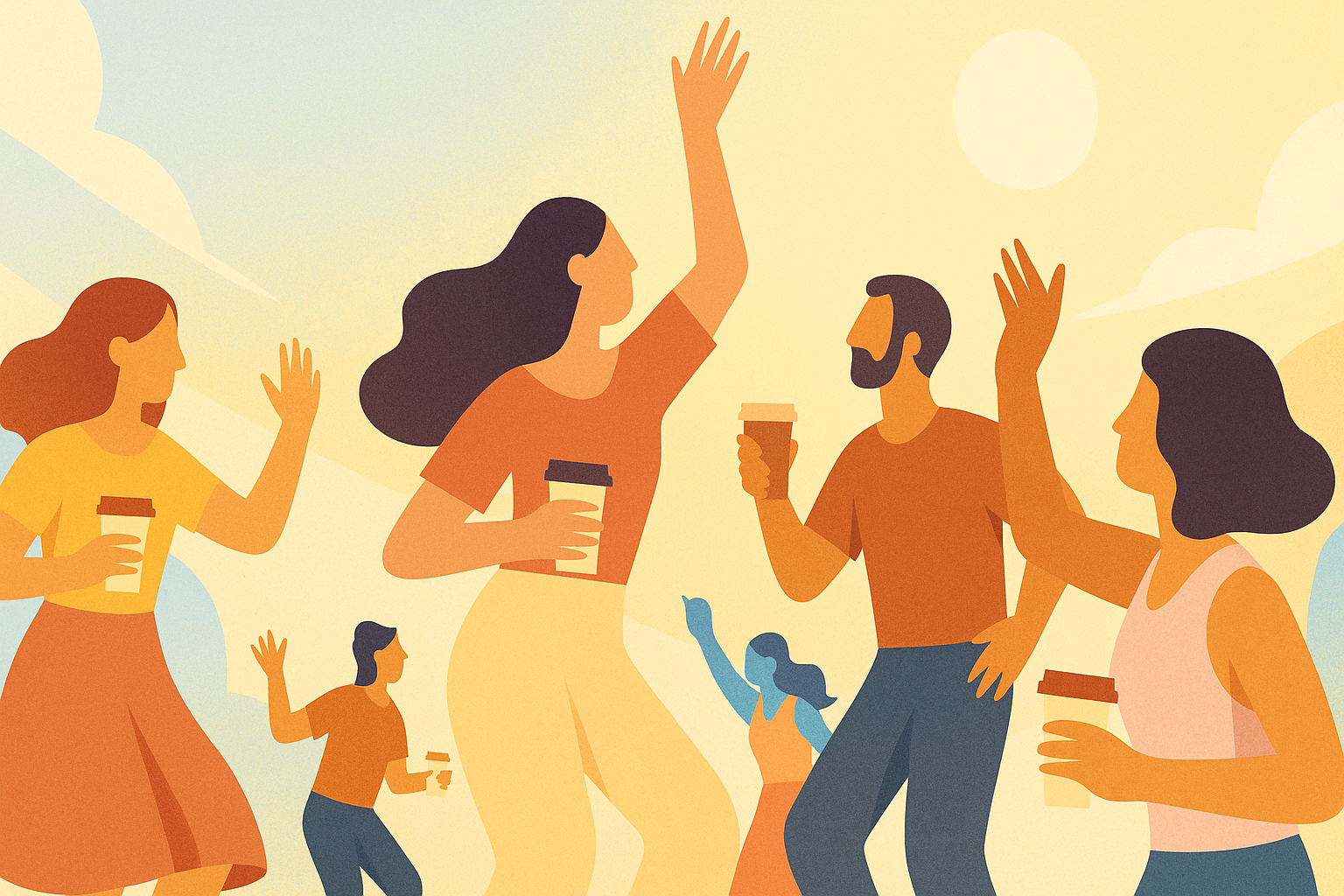 Men and women dancing with coffee cups in hand