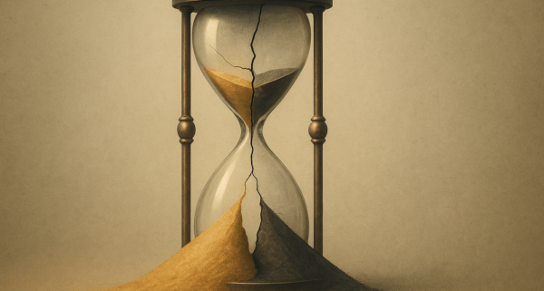 An hourglass that has cracked with sand flowing.