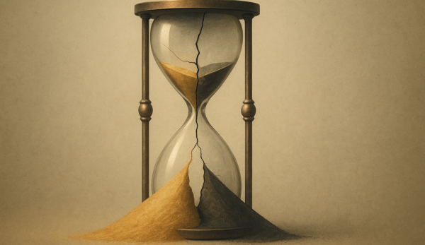 An hourglass that has cracked with sand flowing.