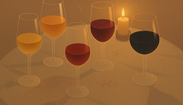 Glasses of wine with different grape varieties in candlelight