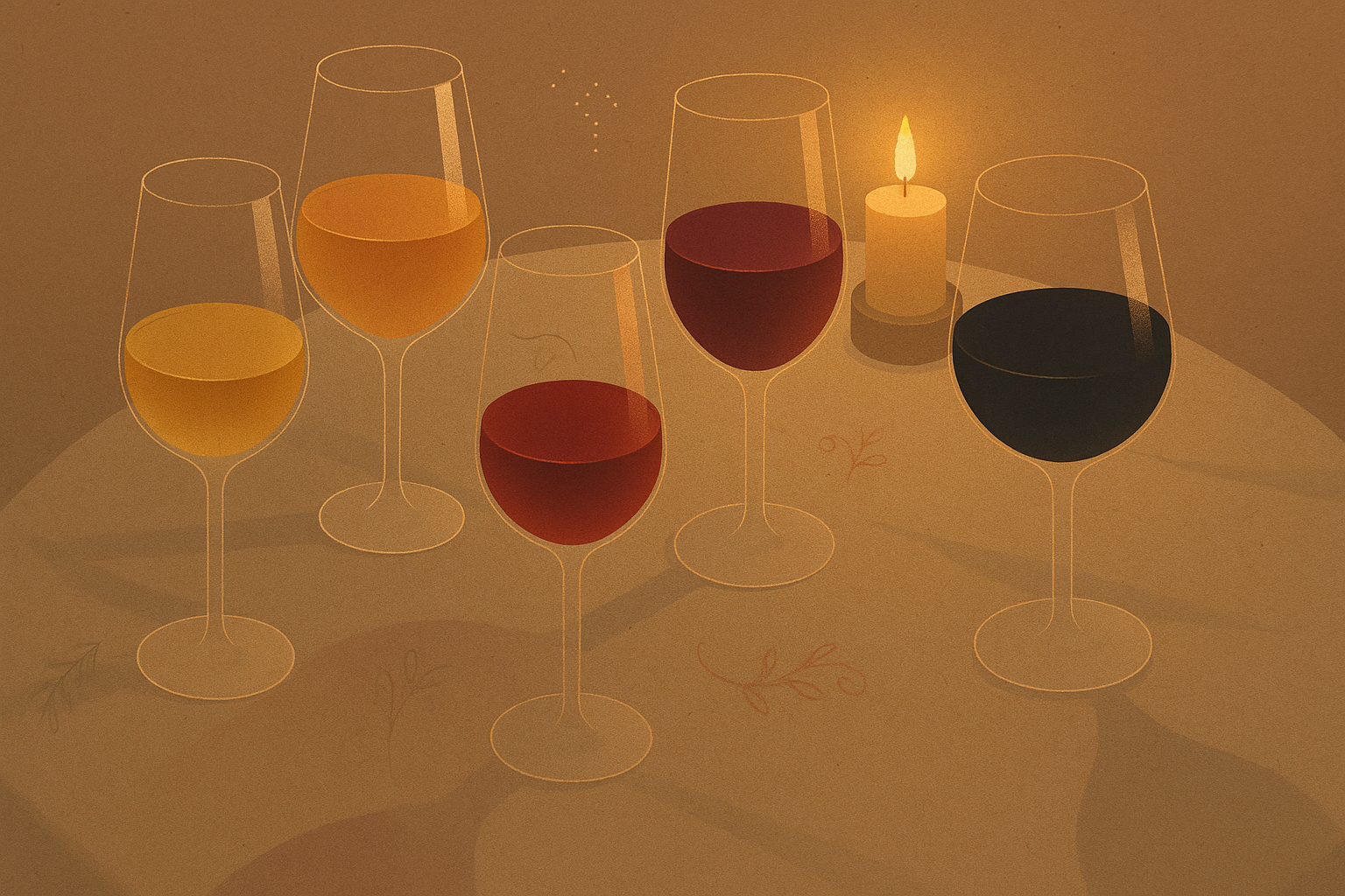 Glasses of wine with different grape varieties in candlelight