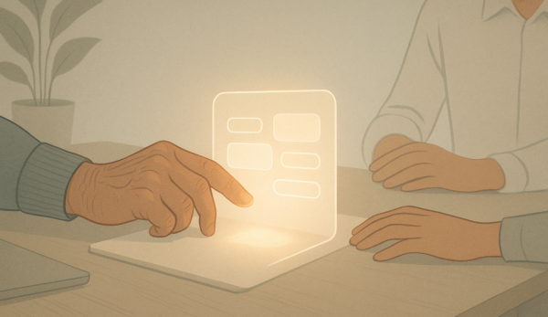 A hand of an older man touching an illuminated screen