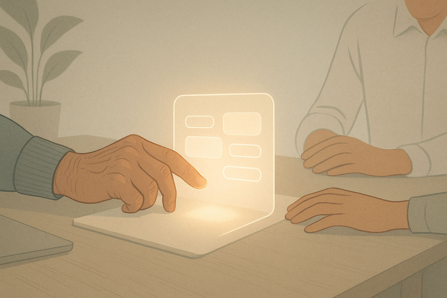 A hand of an older man touching an illuminated screen