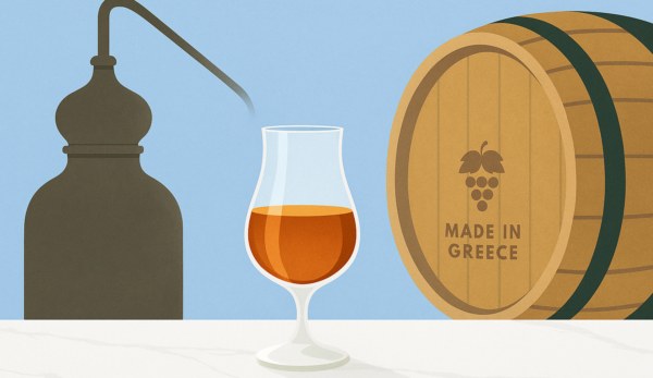 Barrel of Greek aged tsipouro with glass