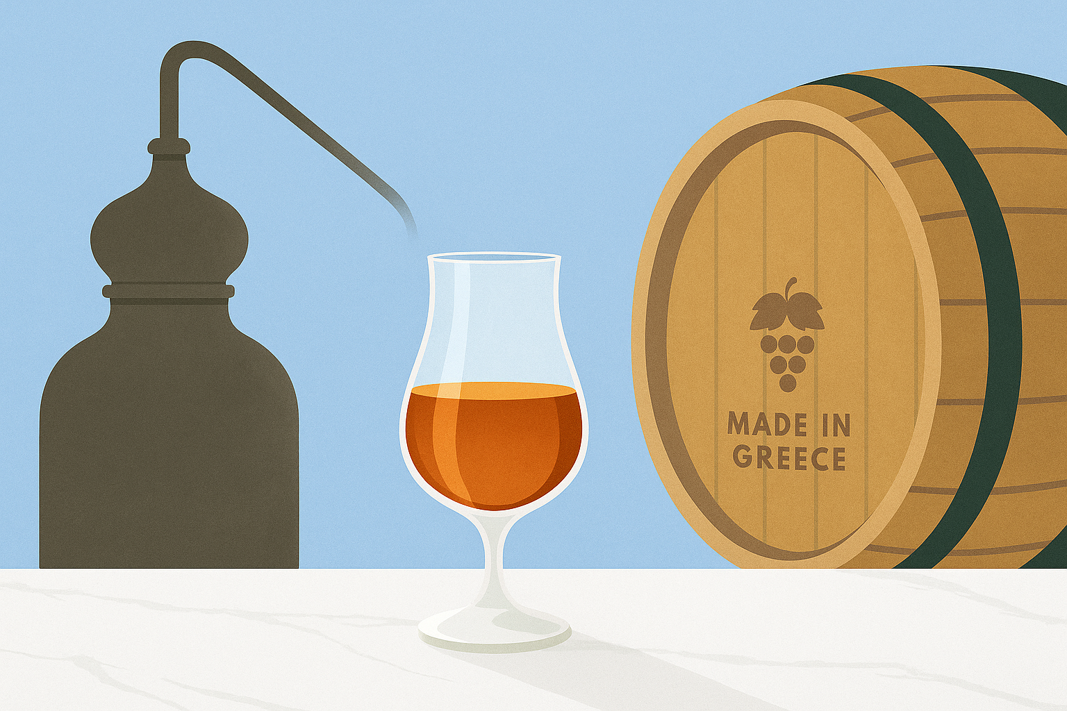 Barrel of Greek aged tsipouro with glass