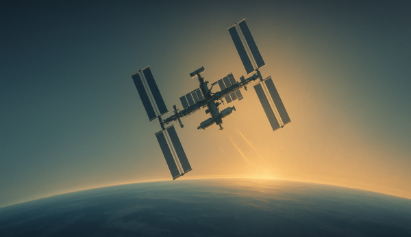 Space station floating over Earth