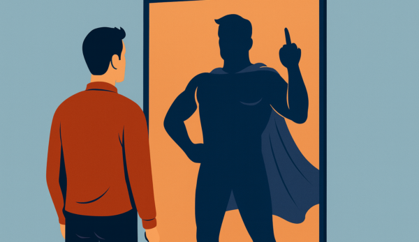 Man looking in the mirror and seeing a distorted super man