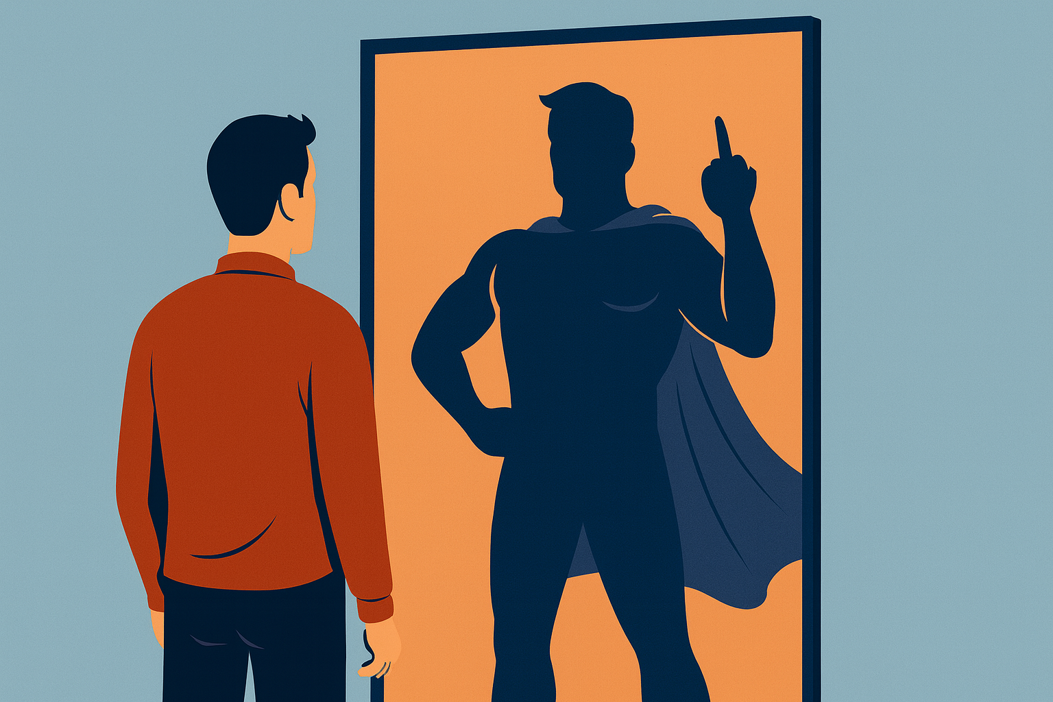 Man looking in the mirror and seeing a distorted super man