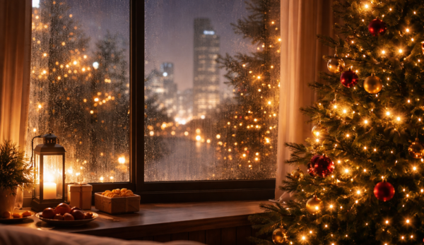 A window showing a city at Christmas
