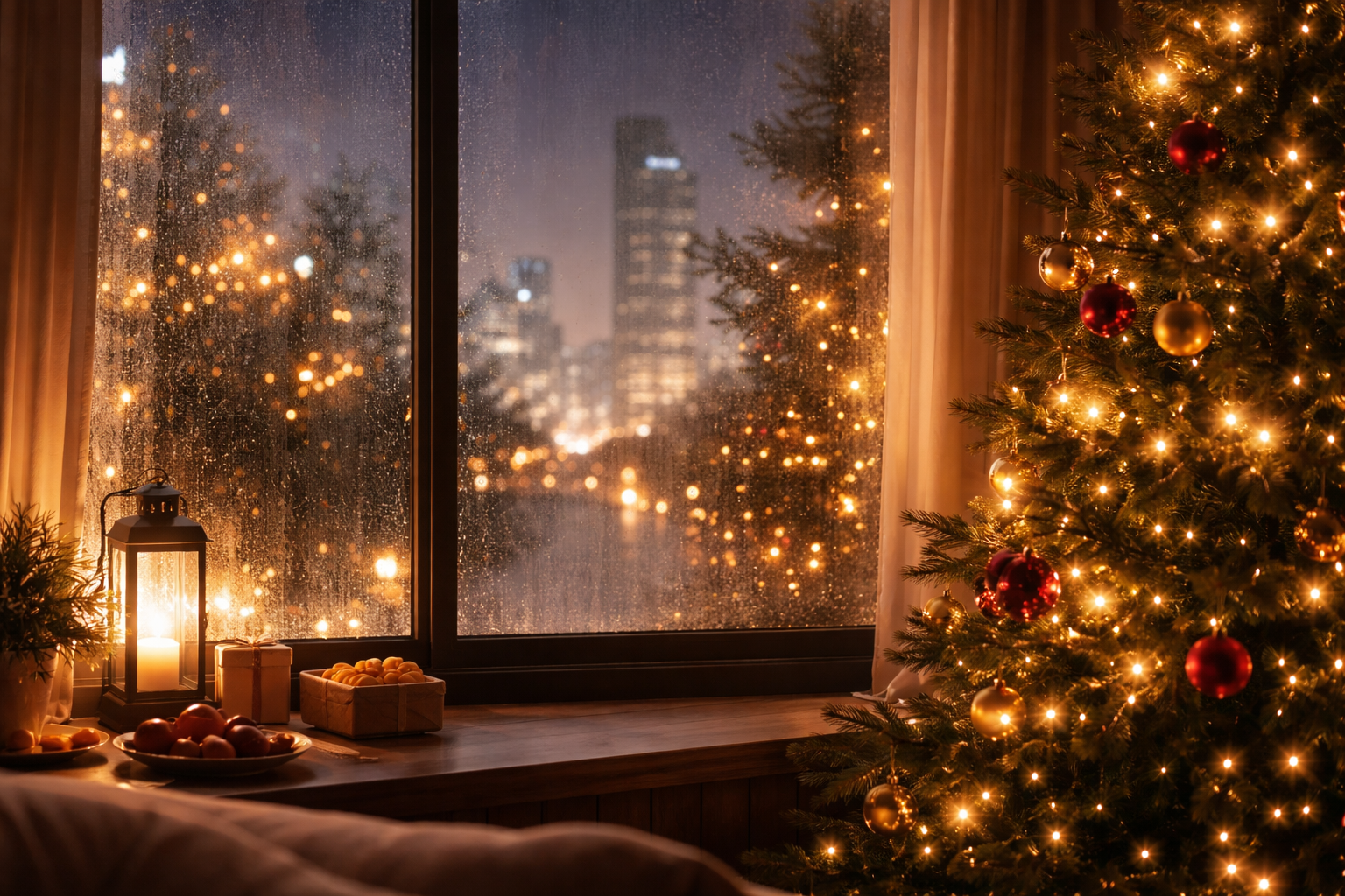 A window showing a city at Christmas